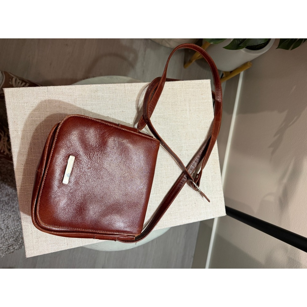 Vintage Cognac Brown Leather Crossbody Bag Striped Lining Minimalist Flap Purse - Picture 2 of 11